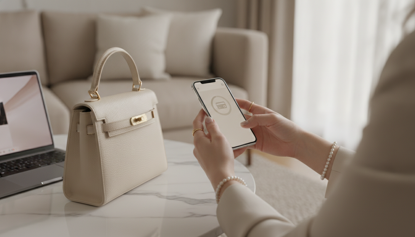Frau nutzt Smartphone für Ratenzahlung neben einer eleganten Designer-Handtasche