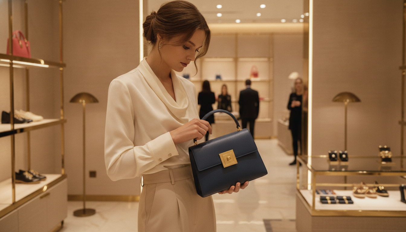 Frau prüft in einer Boutique Verarbeitung und Material einer Designertasche