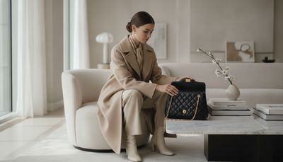 Frau betrachtet aufmerksam eine klassische Designertasche im eleganten Wohnzimmer